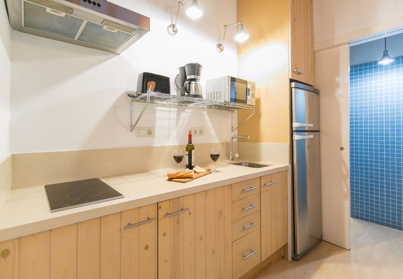 basic kitchen with cooker in apartment near the beach of Barceloneta