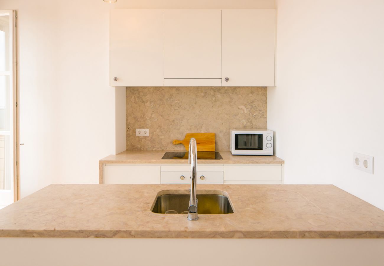 cuisine en marbre dans appartement de standing avec terrasse 